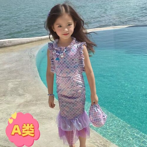 女童连体闪亮美人鱼尾巴泳衣套装