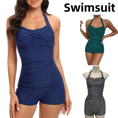 褶皱遮肚显瘦女士小平角连体泳衣