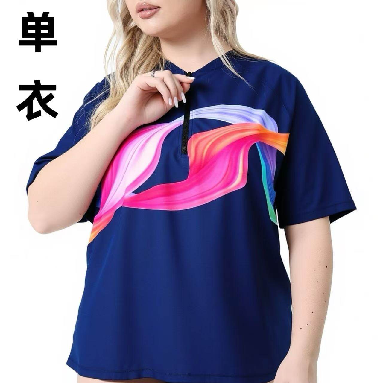 UPF50+胖MM大码女士分体短袖泳衣图片