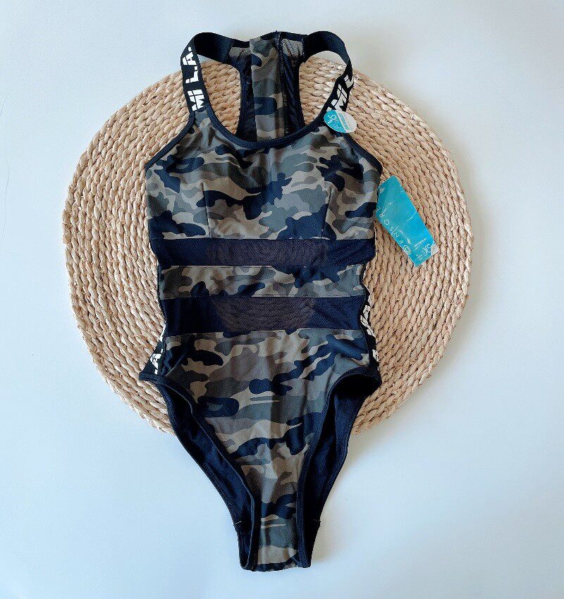 amber出口欧美单ensor*d成人女士高叉三角连体游泳衣腰间网眼拼接