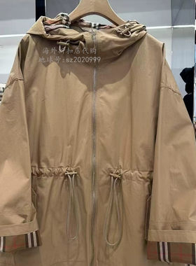 SZLARY折扣店 女士连帽束腰 防风雨外套女格纹帽子休闲 短款风衣