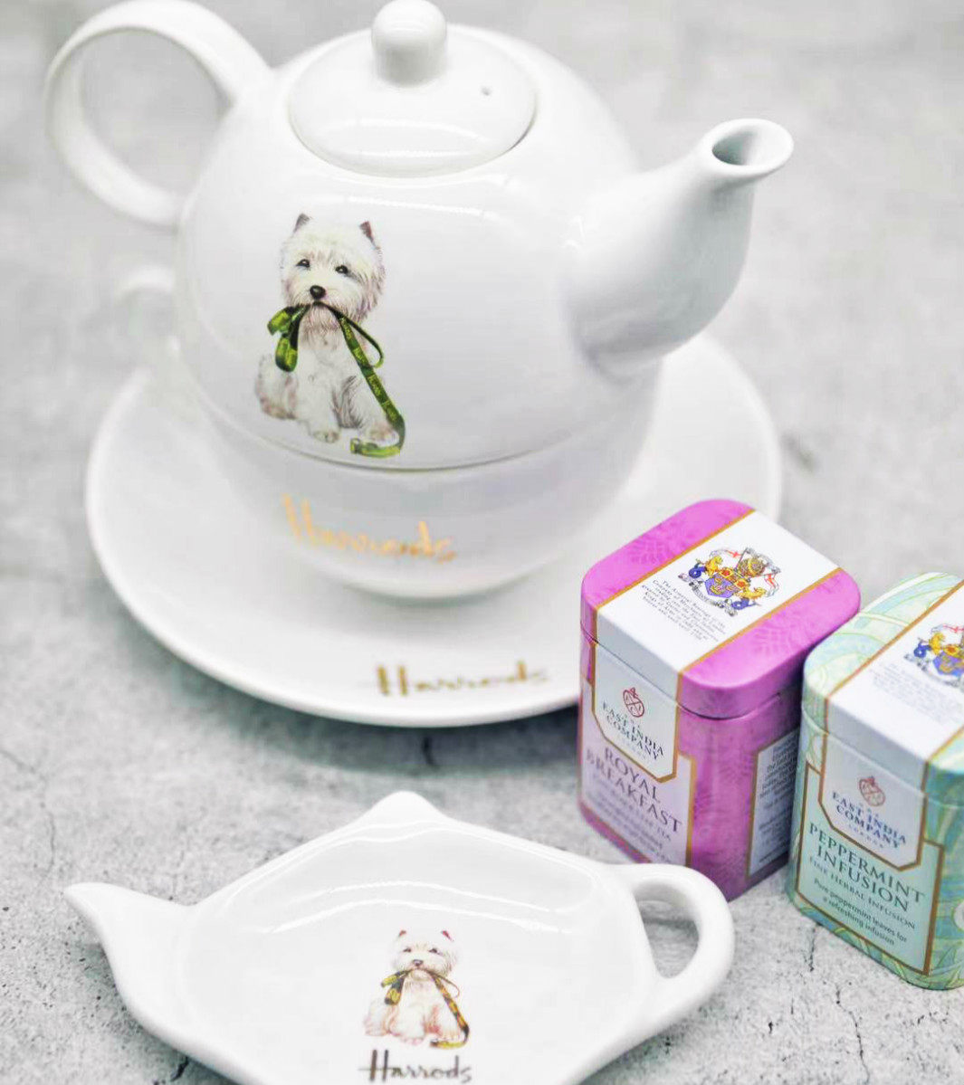 英国哈罗斯Harrods出口西高地外贸小熊陶瓷茶壶茶杯子母壶骨瓷杯