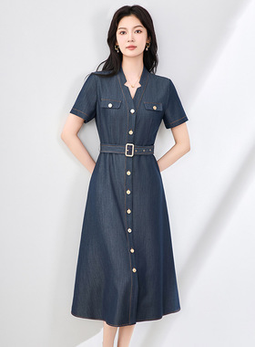 2507411-简约摩登！南油短袖牛仔衬衫A字连衣裙女士新款收腰显瘦