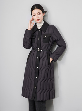 2514407-轻奢90白鹅绒修身显瘦腰带过膝长款羽绒服外套防风保暖女