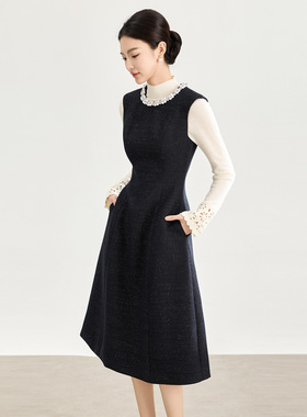 2517209-奢感银丝编织莹润珠饰立裁分割收腰A摆小香风连衣裙南油