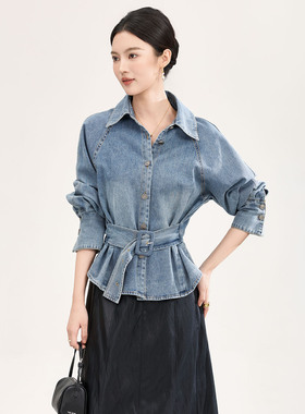 2601112-高品质南油气质复古磨白系带收腰牛仔衬衫早春款长袖上装