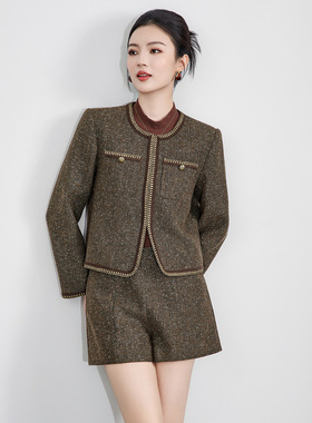 2516411-南油高品质金线人字纹羊毛呢短款外套+短裤女秋冬款套装
