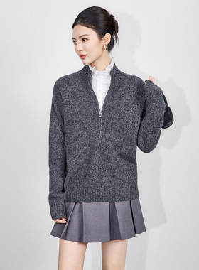 2516205-复古纯羊毛彩点纱半拉链加厚毛衣女秋冬针织衫上装南油款