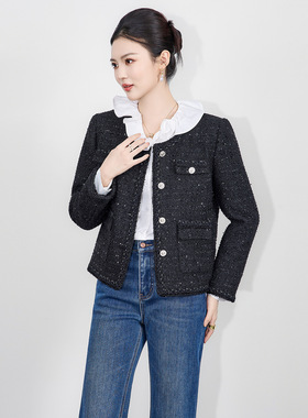 2516512-南油高货加棉小香风粗花呢保暖精致圆领外套女秋冬款上衣