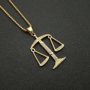 欧美风潮牌个性百搭嘻哈朋克HIPHOP饰品钛钢镀金天秤星座吊坠项链