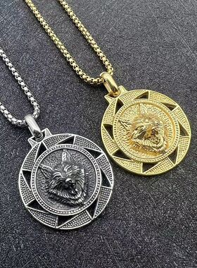 新款 钛钢镀金北欧海盗凯尔特维京狼头吊坠项链欧美复古嘻哈饰品