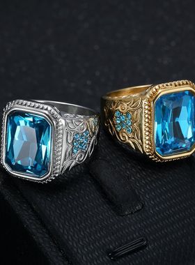 欧美流行新款嘻哈HIPHOP钛钢真空镀金冰蓝水钻玻璃宝石男士戒指