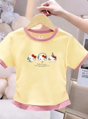 女童纯棉短袖T恤Hello Kitty卡通印花女夏季圆领撞色可爱休闲上衣