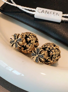 克家十字架球球双面耳环2026新款爆款高级感耳钉复古风古铜色耳饰