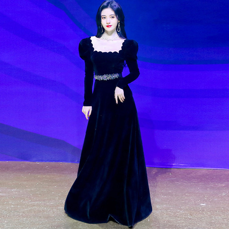 鞠婧祎明星同款黑色金丝绒拖地高端宴会晚礼服气质收腰连衣裙女