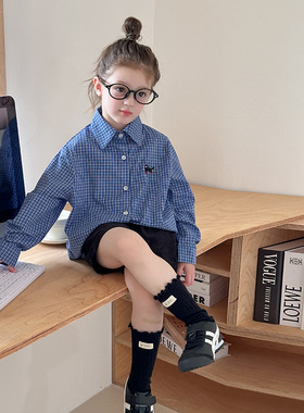 女童衬衫春秋2026新款蓝色格子衬衣洋气休闲宽松男童长袖上衣外套