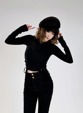 初代美希MEYSIKIM 棉弹磨毛绑带打底衫女内搭长袖t恤黑色修身上衣