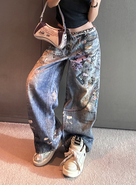 初代美希MEYSIKIM 2025新款低腰裤子宽松DIY卡通做旧阔腿牛仔裤女