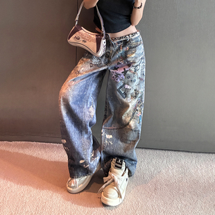 子宽松DIY卡通做旧阔腿牛仔裤 低腰裤 女 2025新款 初代美希MEYSIKIM
