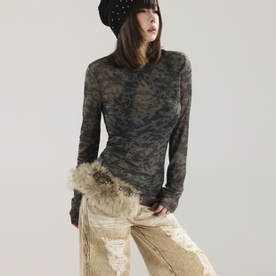 初代美希MEYSIKIM 长袖t恤女迷彩紧身打底衫早秋chic上衣ME0577