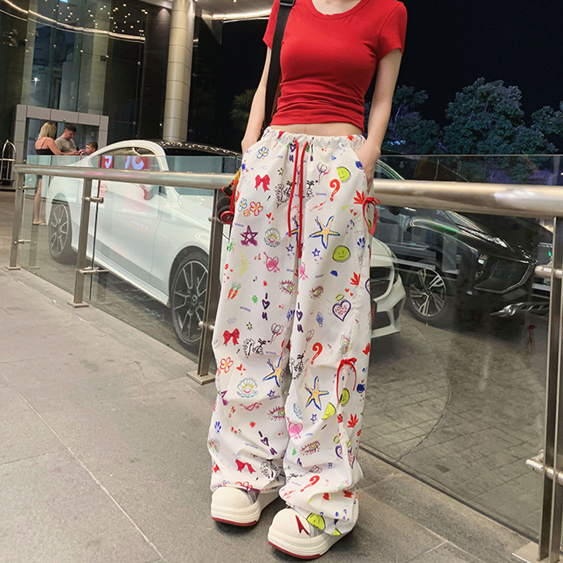 初代美希MEYSIKIM时尚印花潮流垂感百搭女裤子宽松bf慵懒风阔腿裤