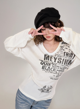 初代美希MEYSIKIM高弹V领打底衫女装白色长袖t恤2025新款黑色上衣