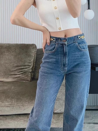 CE同款链条春秋款重工水洗牛仔裤女经典金属装饰高腰显瘦直筒长裤