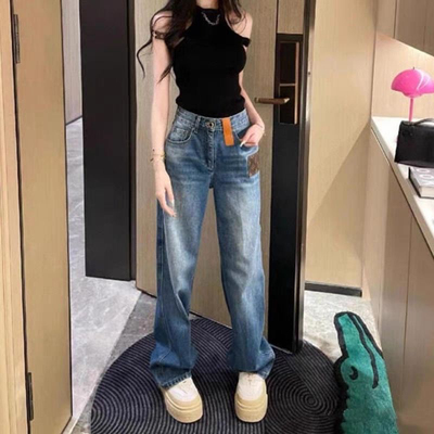 LODW高定25春秋欧阳娜娜同款老花阔腿中高腰宽腿裤休闲直筒牛仔裤
