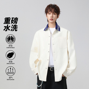 休闲风翻领长袖衬衫男宽松透气水洗蓝色衬衣外套潮流26018-特P55图片