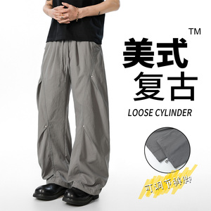 美式复古伞兵阔腿裤男宽松垂感工装休闲长裤潮CK26013-特P45图片