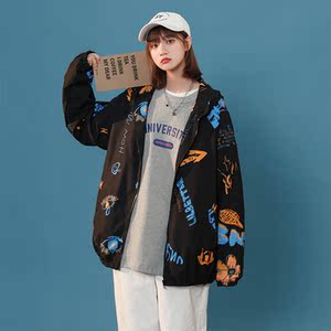 情侣连帽外套男女秋季印花休闲夹克港风中性风14J图片