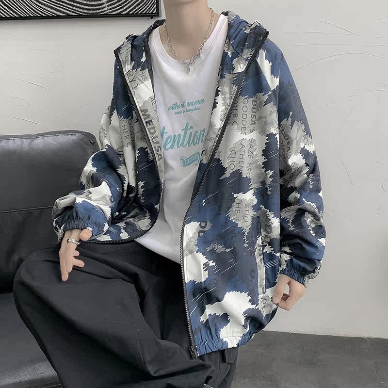 情侣连帽外套男女秋季印花夹克港风中性风迷彩9J,男装夹克,电商A076