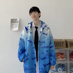 情侣外套男女秋季渐变色模特连帽夹克中性风港风19J图片