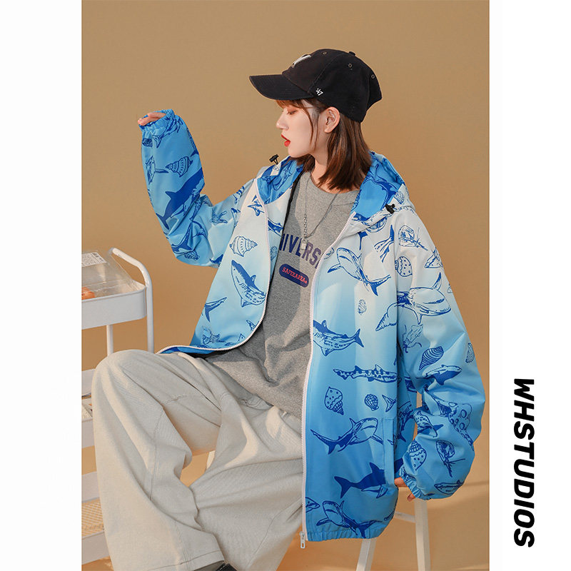 情侣外套男女秋季渐变色中性风连帽夹克中性风港风8J图片