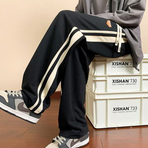 美式条纹直筒卫裤男青少年宽松百搭休闲长裤黑色运动裤CK271特P30，男装休闲裤，电商A076