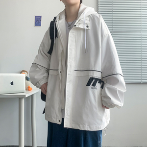 假两件连帽工装外套港风中性风宽松夹克ins新款24J,唐狮红色工装羽绒服搭配图片