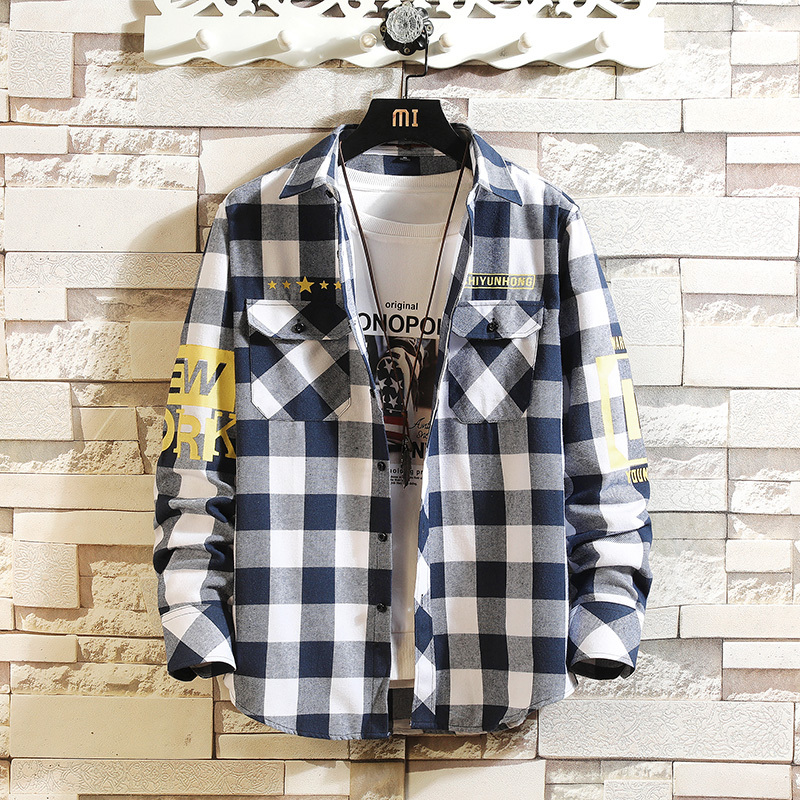 Long sleeve shirt men's Spring Fashion Plaid Shirt spring leisure coat white wall hanging pat