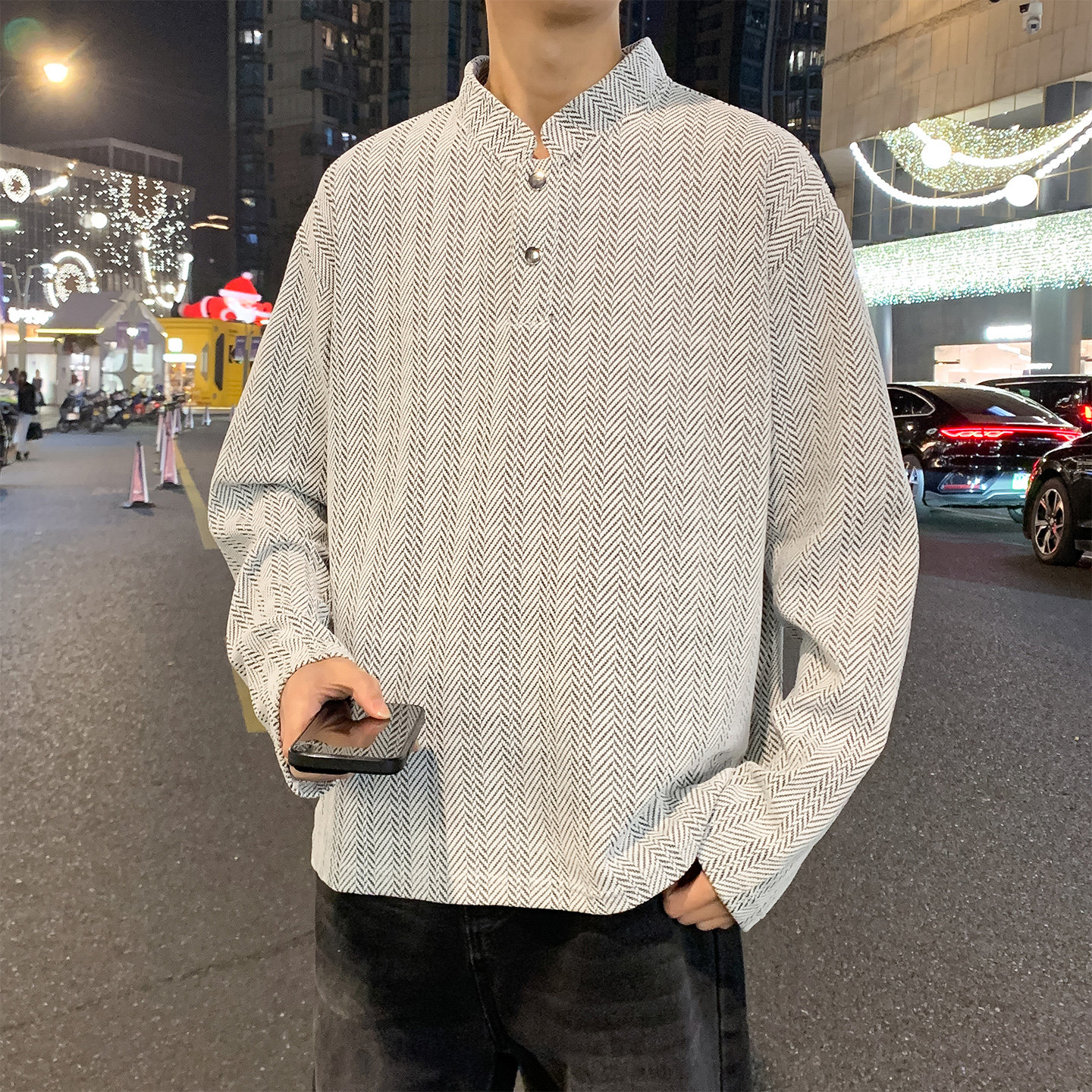 美式风亨利领条纹套头卫衣男潮流百搭宽松长袖上衣WY5508-特P46,男装卫衣,电商A076
