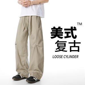 美式复古阔腿裤男宽松直筒休闲长裤卡其色垂感裤子CK26011-特P49图片