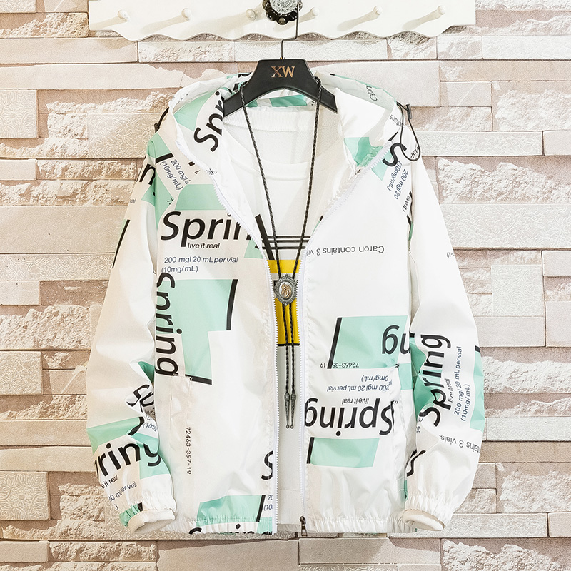 Lovers' thin jacket men's spring trend color matching coat letter printing white wall hanging photo