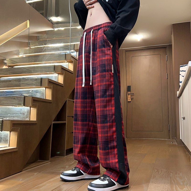 慵懒风格子休闲裤子男大码百搭长裤子港风复古阔腿直筒裤5K827P42，男装休闲裤，电商A076