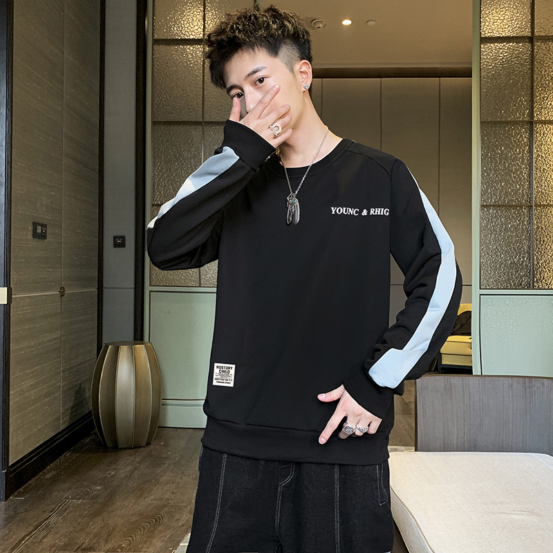 Spring new round collar sweater men's patchwork Korean Pullover Top Long Sleeve T-Shirt black