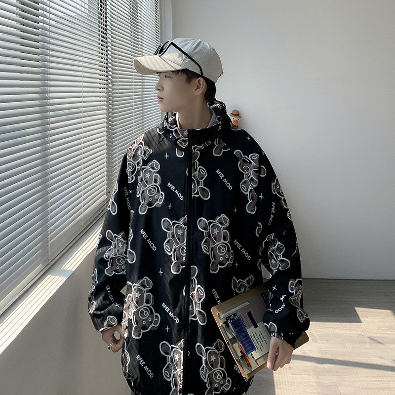 情侣装外套男女秋季印花连帽休闲夹克中性风港风模特14J图片
