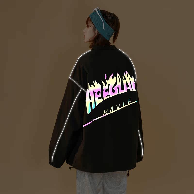 新款夹克秋冬季衣服男女港风反光外套白底女中性风6J,男装夹克,电商A076