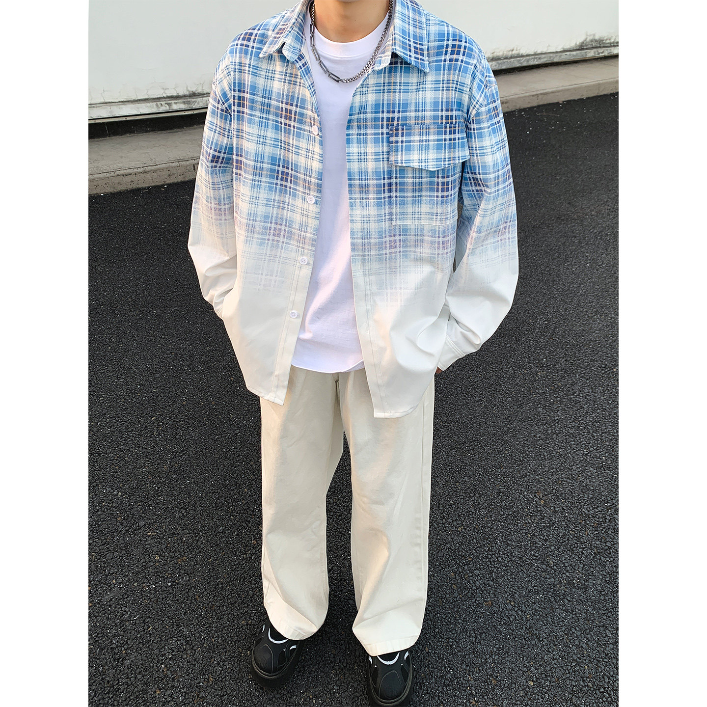 美式格子风渐变衬衫男长袖翻领宽松百搭衬衣外套WY5509-特P58,男装衬衫,电商A076