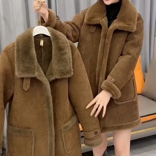 冬季加厚仿鹿皮绒皮毛一体中长款外套女冬款气质毛绒翻领保暖大衣