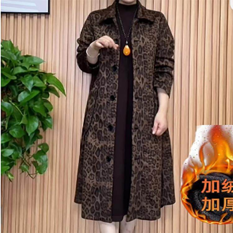 秋冬新款加绒气质减龄中长款风衣外套妈妈冬装洋气豹纹保暖大衣