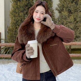 冬季新款美拉德咖色短款大毛翻领气质外套女加厚保暖羽绒棉服上衣