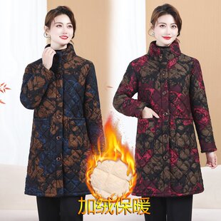 冬季新款加绒加厚棉衣中老年女装大码中长款复古印花保暖棉袄外套