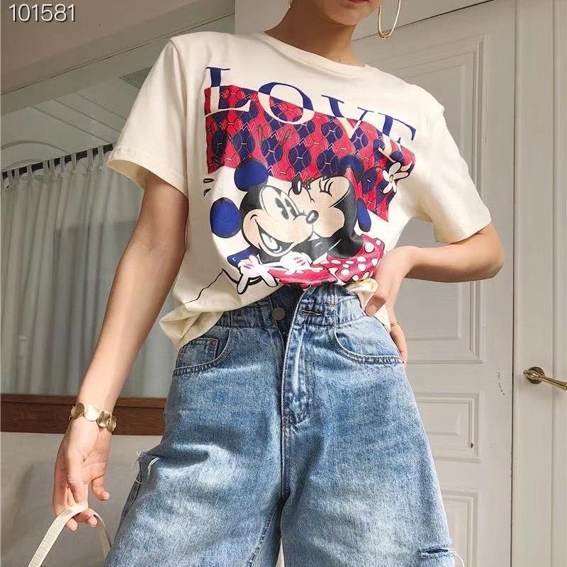 清仓捡漏 高端A货 前后印花米奇图案纯棉鹅黄色短袖T恤女夏上衣